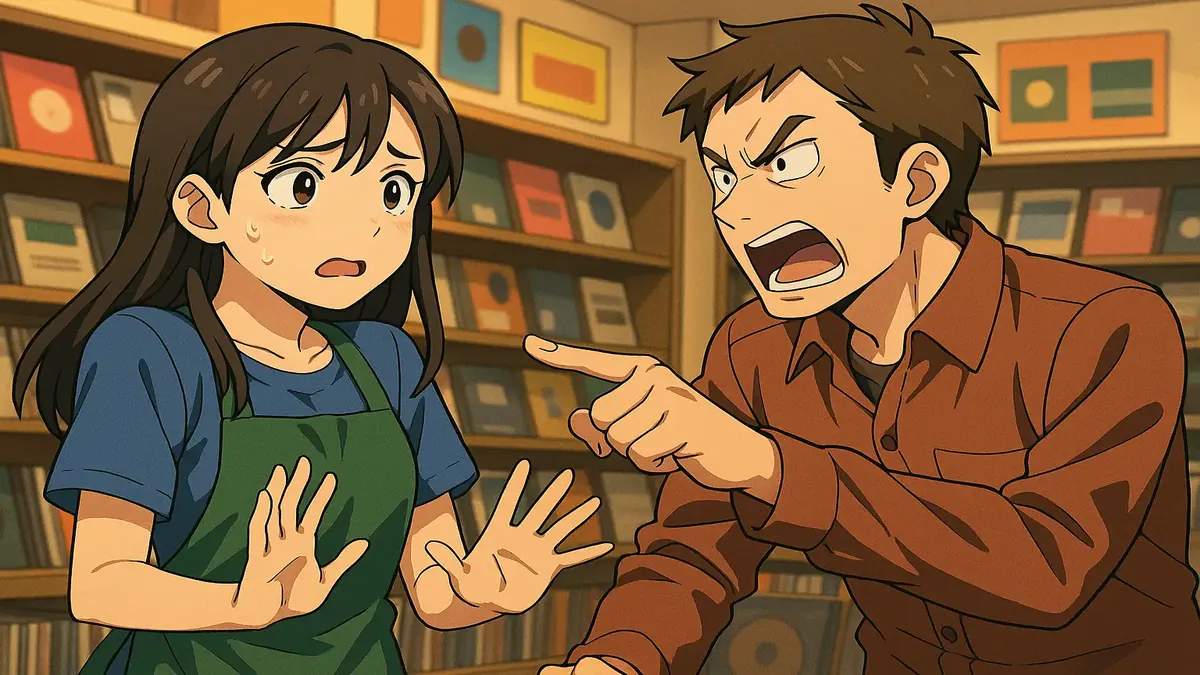 Anime-style illustration of a frustrated customer in a record store, showcasing stock issues and complaints.