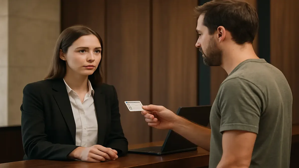 Guest presenting ID at hotel check-in counter, expressing frustration over identification requirements.