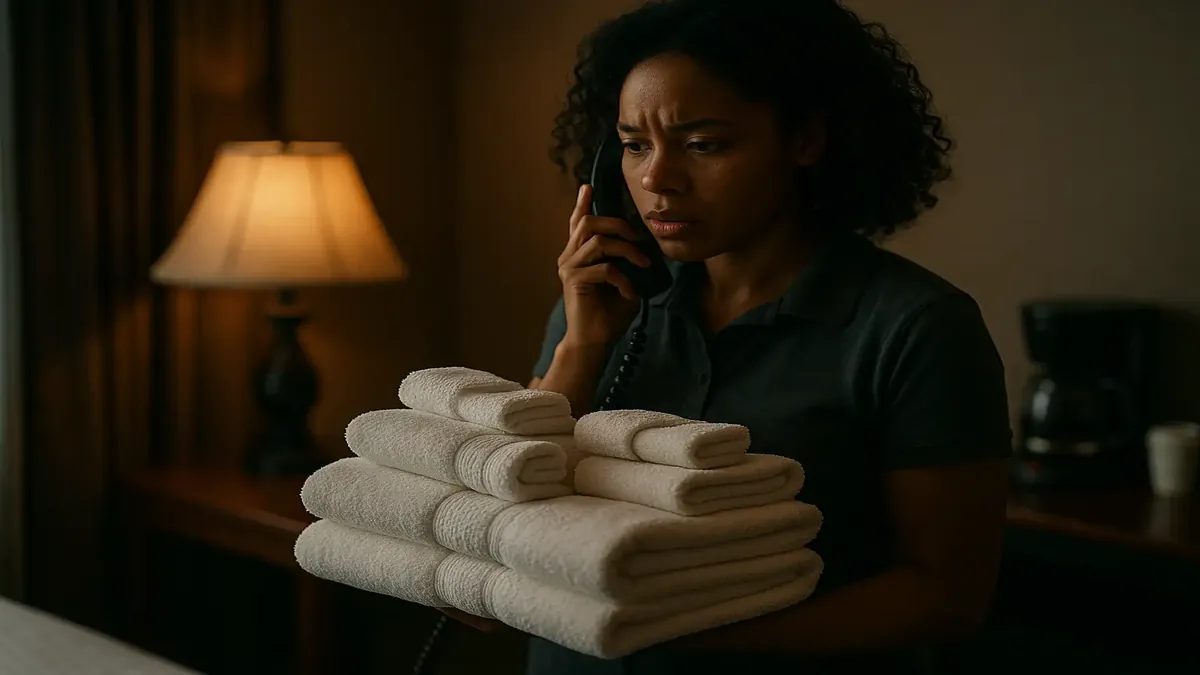 Linen and room amenity request items like towels and coffee on a hotel room table, cinematic style.