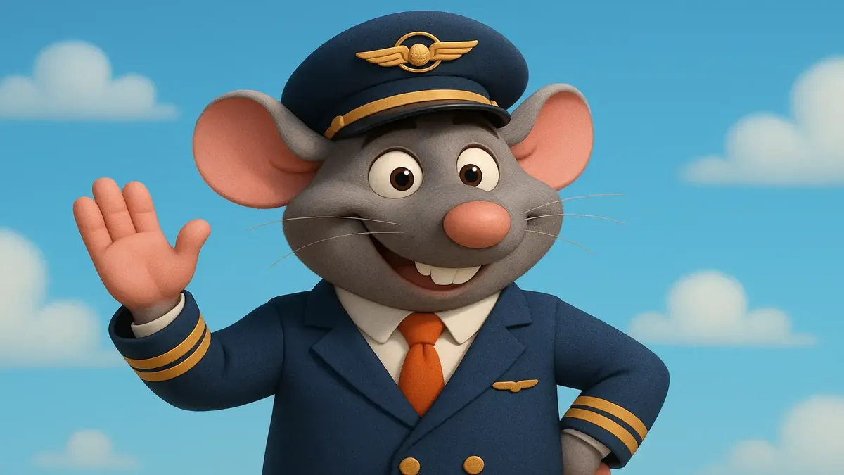 A cartoon-3D illustration of Captain Rat, a charming airline captain with a unique personality, in a hotel setting.