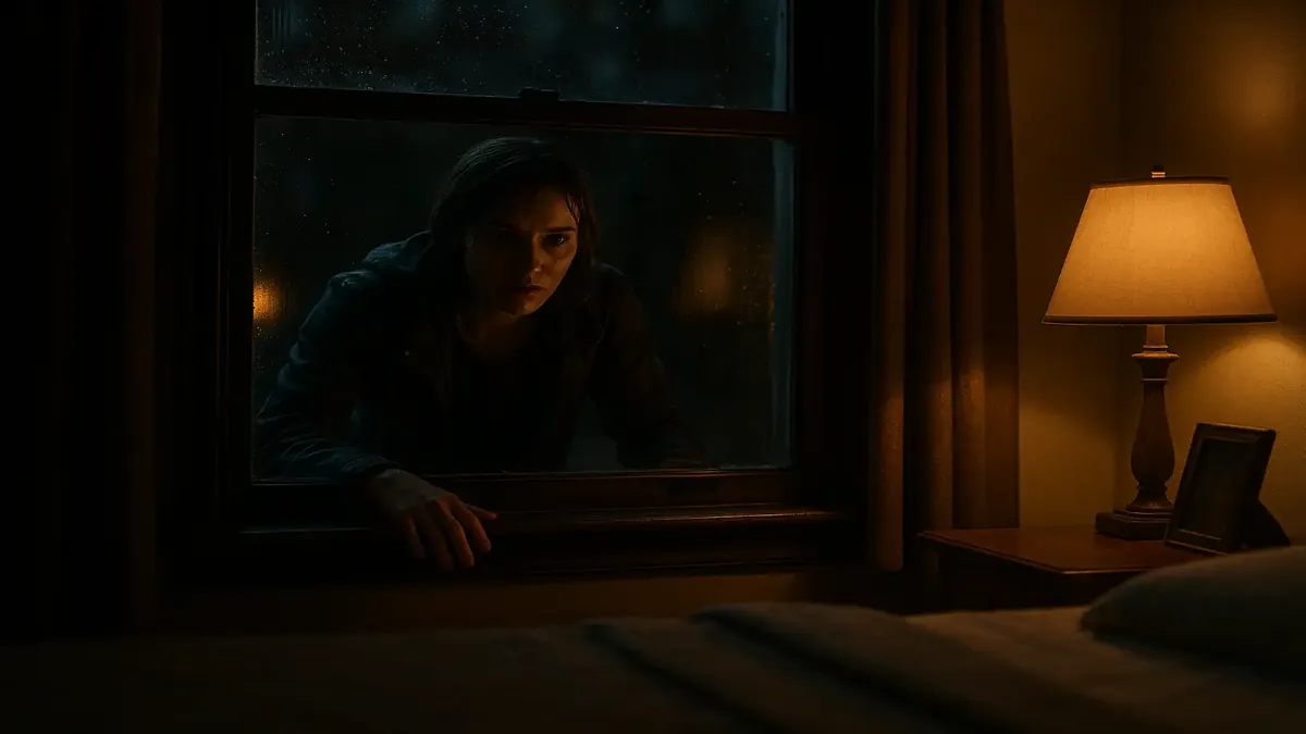 Cinematic scene of a late-night hotel check-in, capturing tension and intrigue in low lighting.