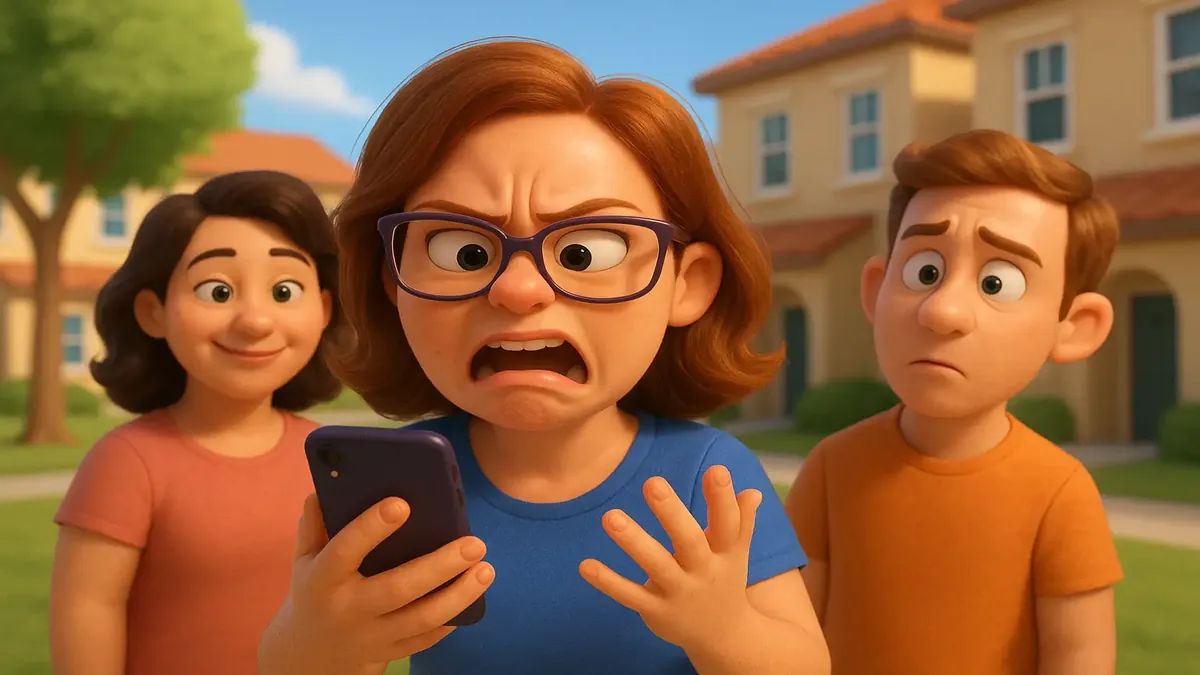 Cartoon-3D depiction of a woman gossiping about her landlord in a townhouse complex setting.