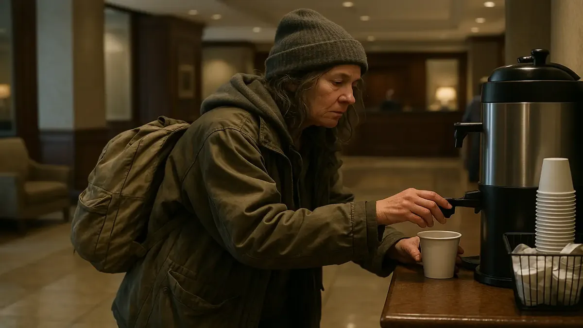Homeless woman in hotel lobby seeking help, showcasing compassion and community response to homelessness.