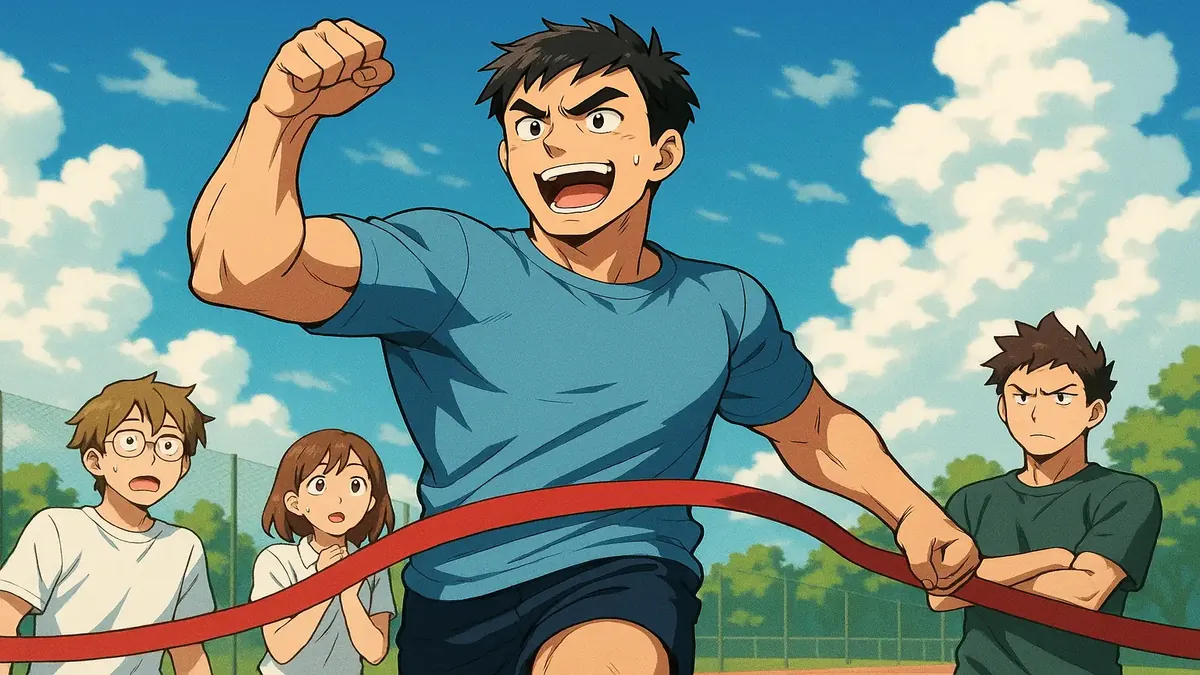Anime-style illustration of Kevin inspiring teenagers in a sports facility, exceeding expectations through coaching.