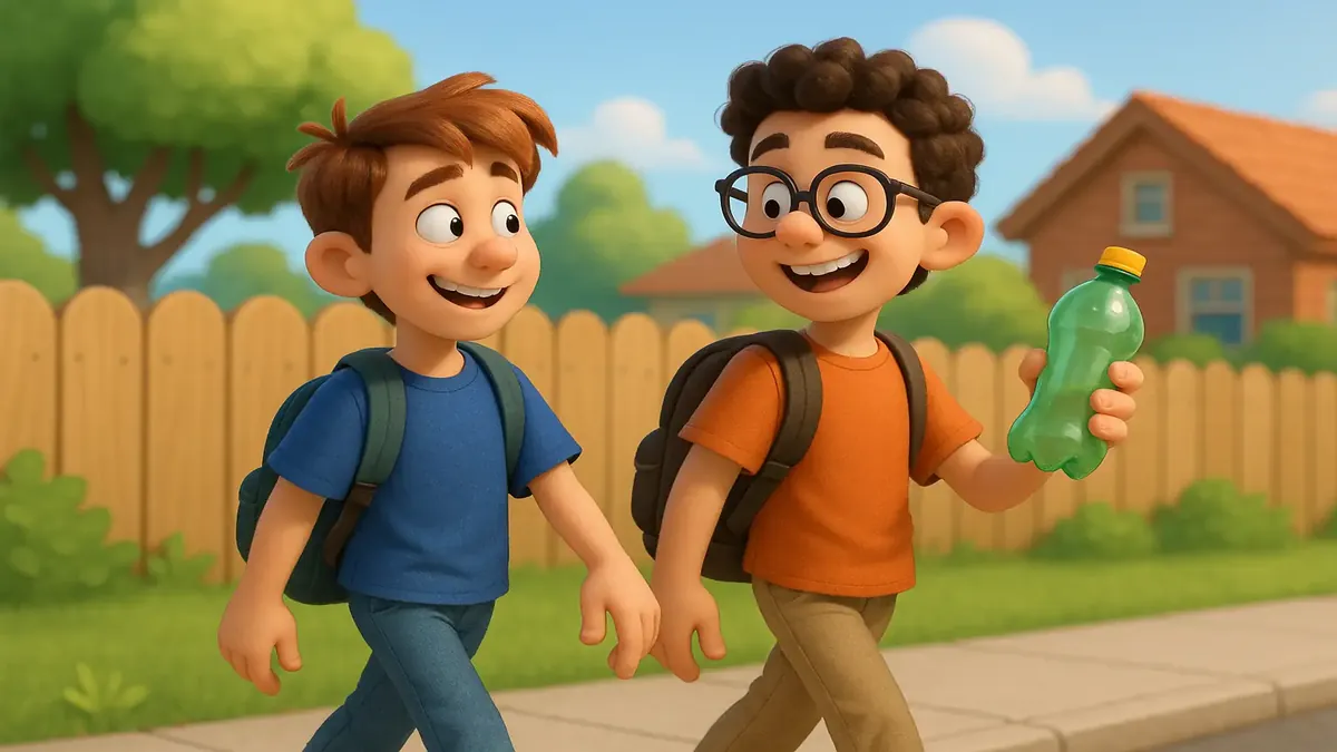 Cartoon-style 3D image of a person holding an empty drink bottle while walking home from school.