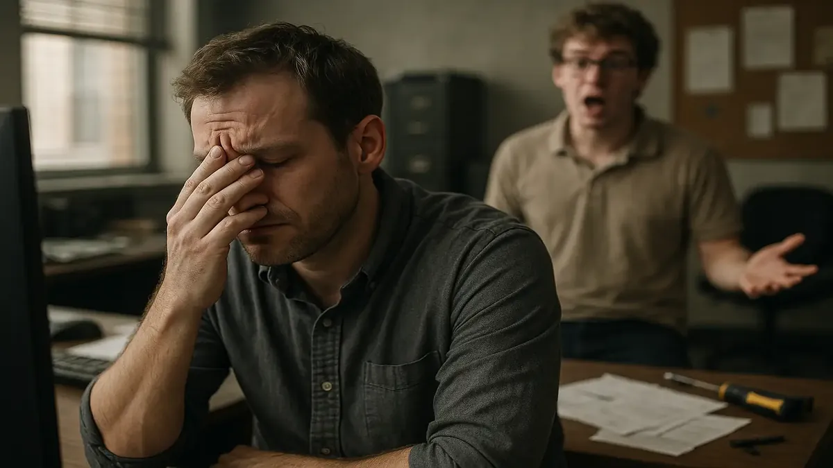 A frustrated person surrounded by broken tools and chaotic office space, illustrating challenges with Kevin.