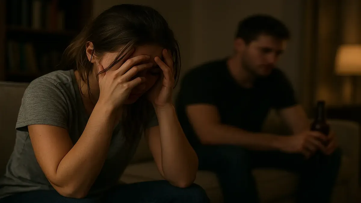 Young woman reflecting on life choices while supporting her boyfriend in college, photorealistic style.