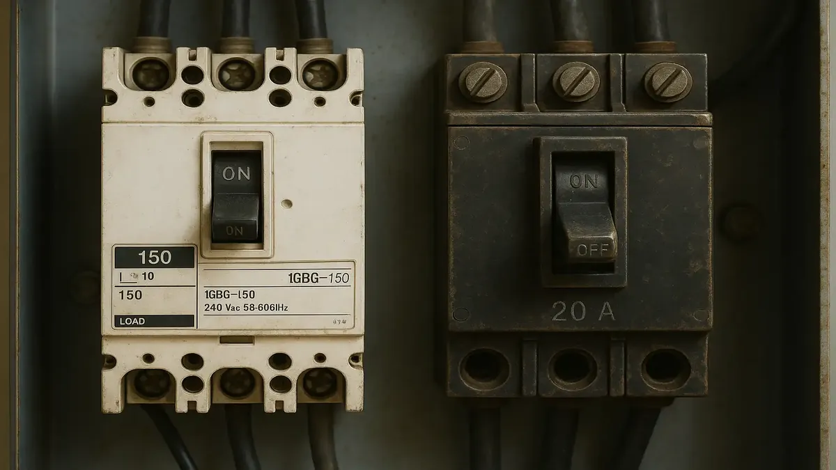 Close-up of two electrical breakers, one faulty and one functional, illustrating a machine breakdown scenario.