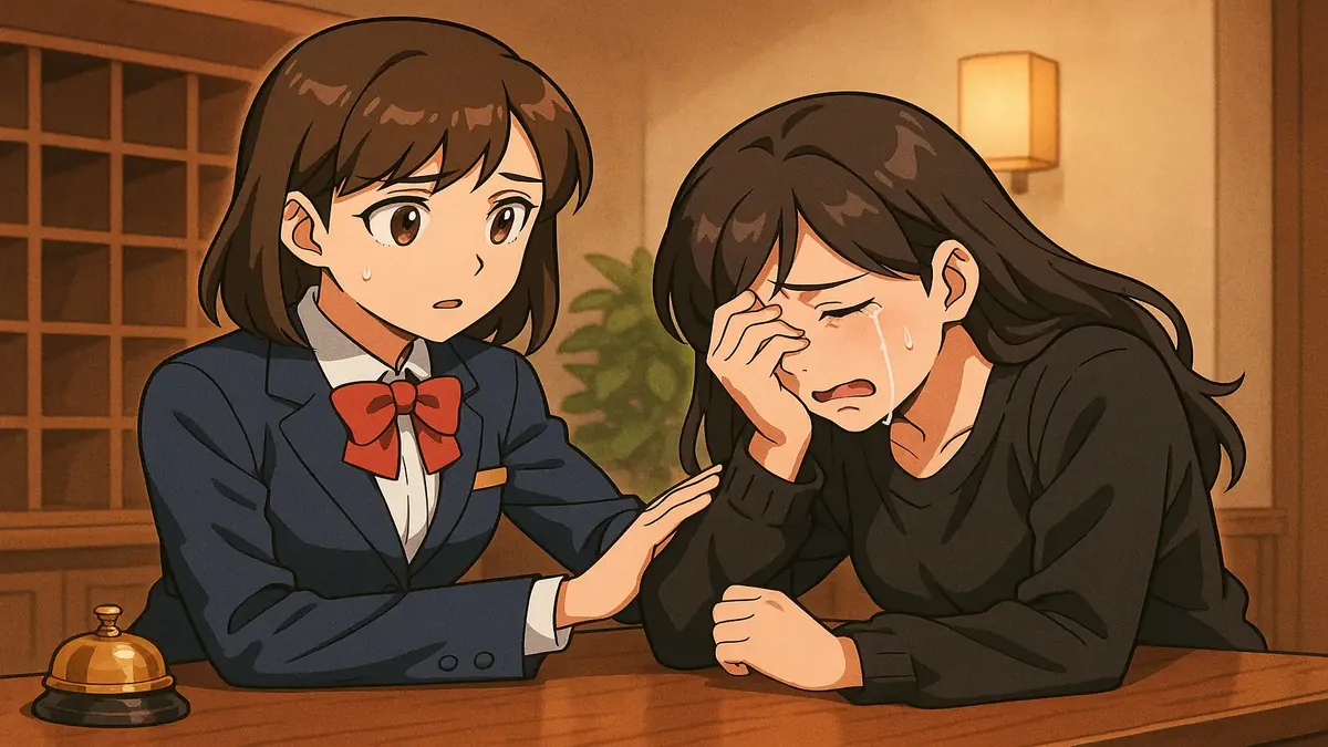 Heartfelt anime illustration of a hotel front desk scene capturing emotional guest interactions.