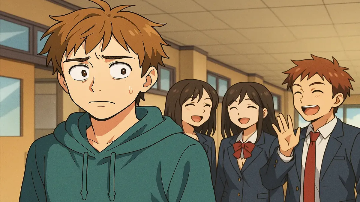 Anime illustration of Kevin experiencing quirky adventures in a vibrant, fantastical setting for a sequel story.