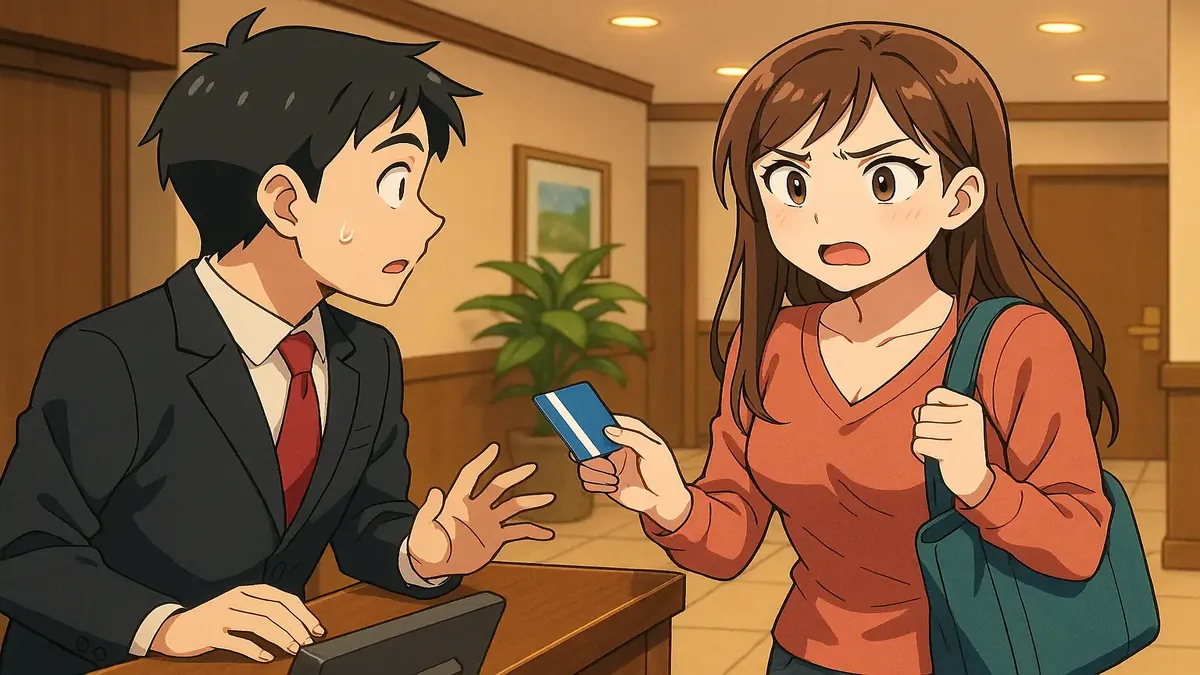 Anime-style illustration of a front desk scene with a confused receptionist and a lady asking for a room.