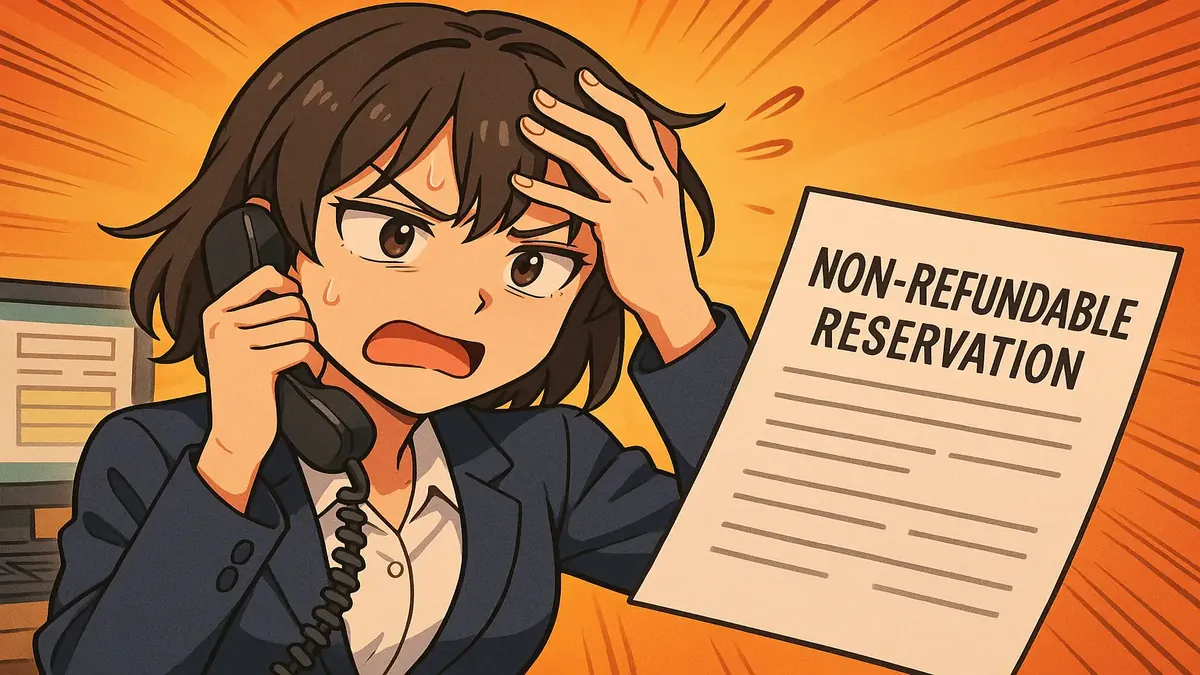 Frustrated hotel staff dealing with non-refundable reservation inquiries in an anime style illustration.