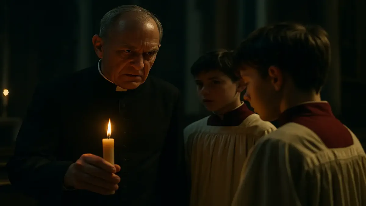 Cinematic image of a priest interacting with young altar boys in a nostalgic 1970s church setting.