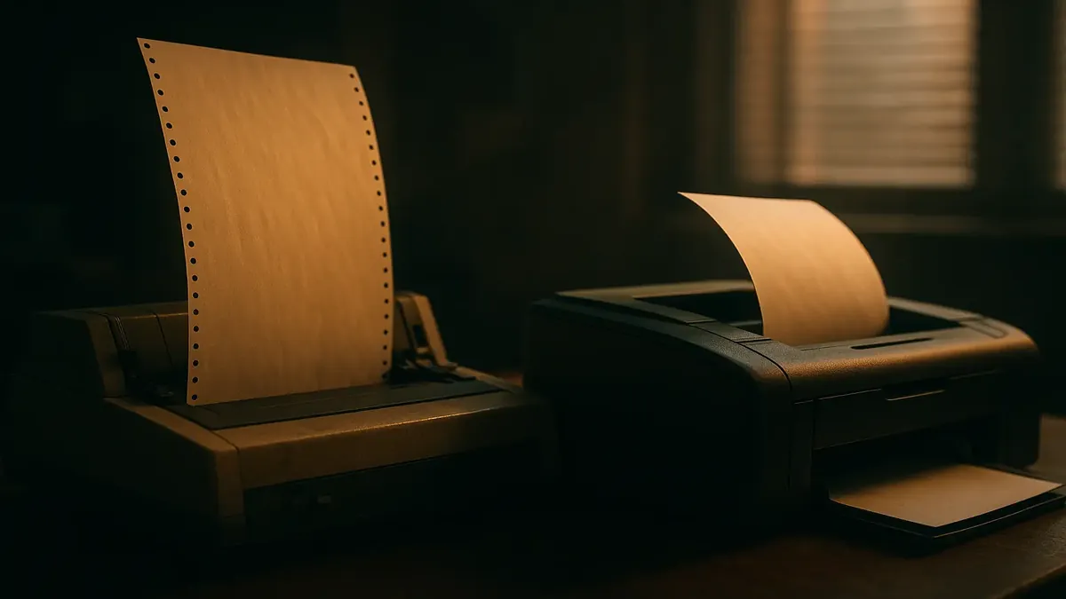 Cinematic scene depicting two printers in a chaotic office, illustrating tech frustrations and outdated systems.