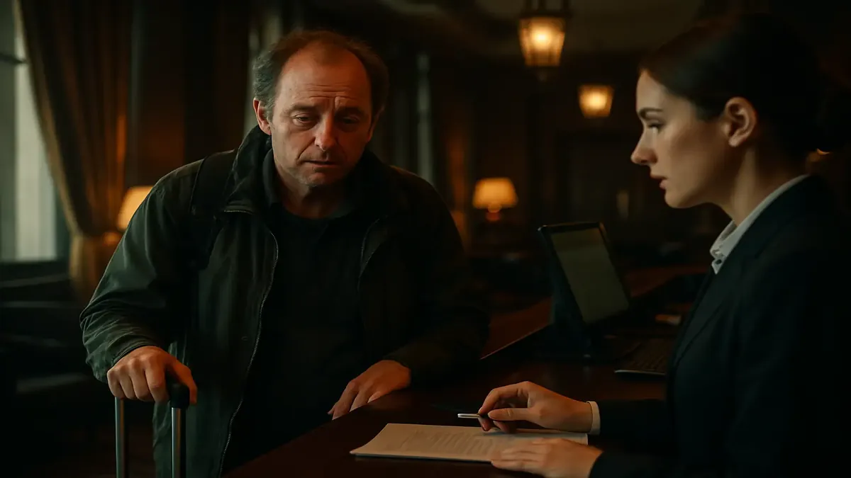Front desk staff welcoming a weary traveler at a hotel reception, showcasing hospitality in a cinematic style.