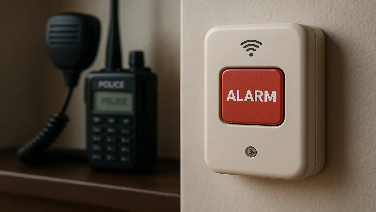 Wireless police radio alarm system with network connection, ensuring safety in courthouses and critical facilities.