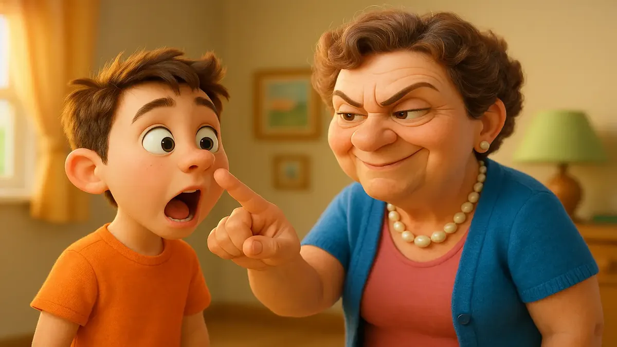 Cartoon 3D image of a mischievous aunt stirring up drama, representing family conflict and teenage rebellion.