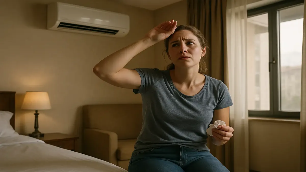 American tourists at a hotel front desk debating air conditioning use in cool April weather.