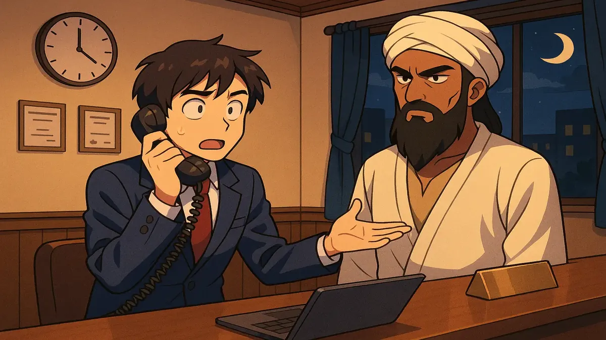 Anime-style image of a hotel night audit with a phone call about an early check-in at 2 AM.