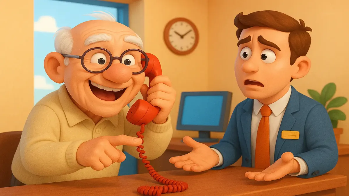 Cartoon-3D illustration of a confused man on the phone, misunderstanding a shuttle request with humor.