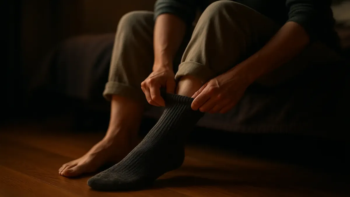 A cozy pair of colorful socks resting on a wooden floor, symbolizing comfort and warmth for tired feet.