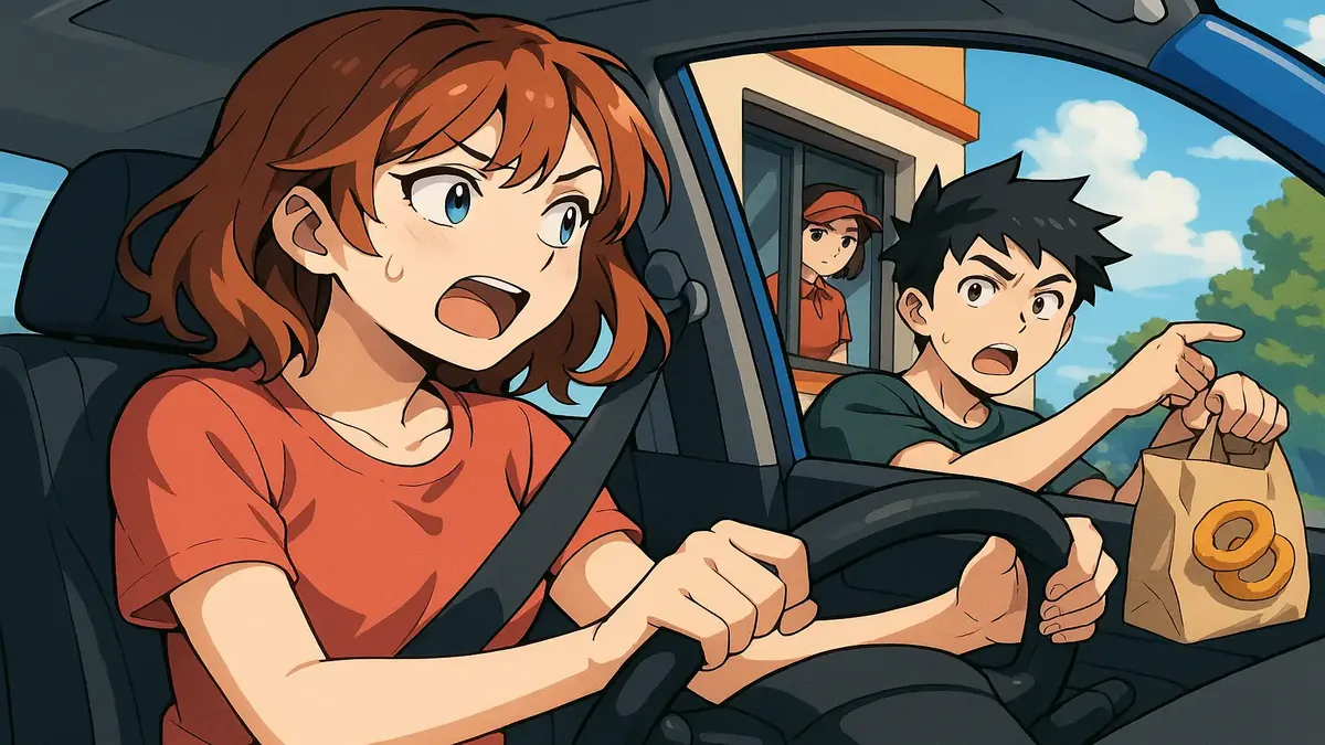 Anime illustration of friends enjoying onion rings at a Burger King drive-thru, capturing a lighthearted moment.