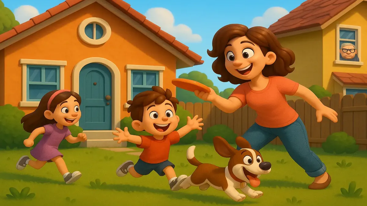 Cartoon 3D illustration of a frustrated family dealing with a controlling neighbor at home.