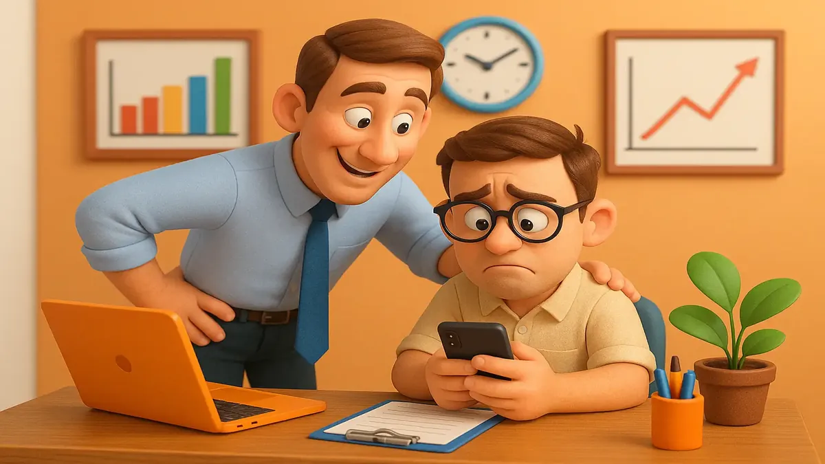 Cartoon-style illustration of a visually impaired person navigating a workplace setting, expressing determination.