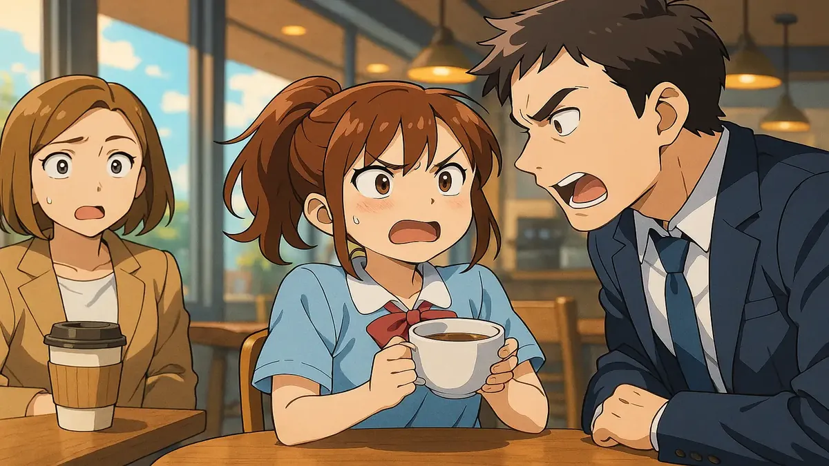 Anime-style illustration of friends enjoying coffee at a trendy coffee shop, reflecting youthful coffee culture.