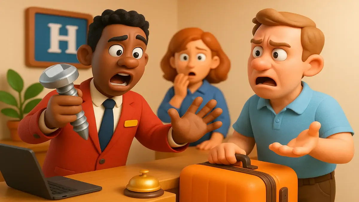 Cartoon-3D illustration of a frustrated hotel employee dealing with a reservation mix-up at reception.