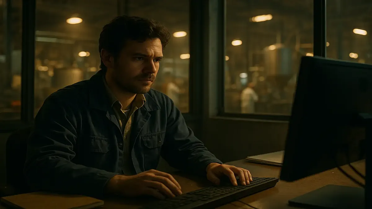 Image of a busy agro-food factory office with employees planning production schedules.