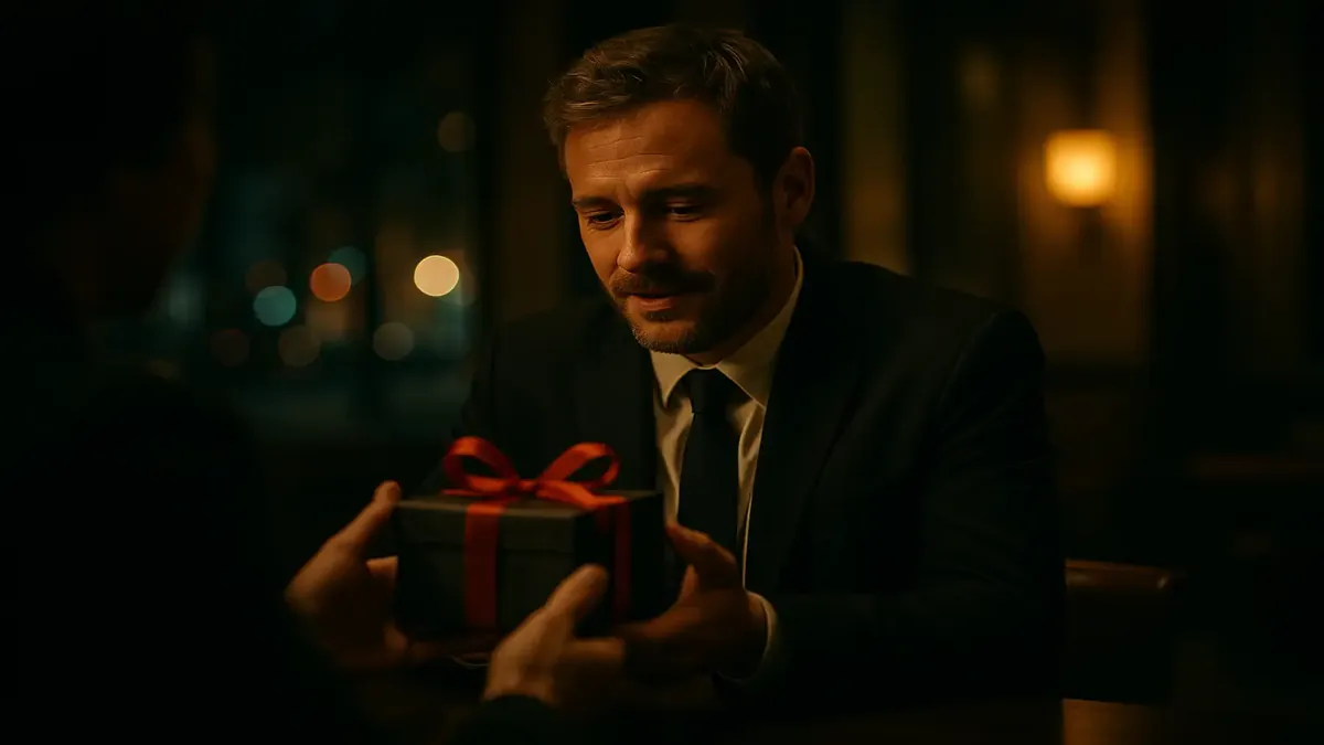 A cinematic scene of a joyful conversation about cars and motorcycles between a guest and a server.