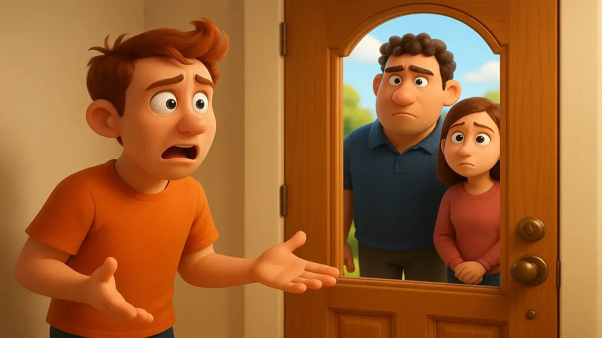 Cartoon 3D illustration of confused guests at a locked door, highlighting modern knocking etiquette challenges.