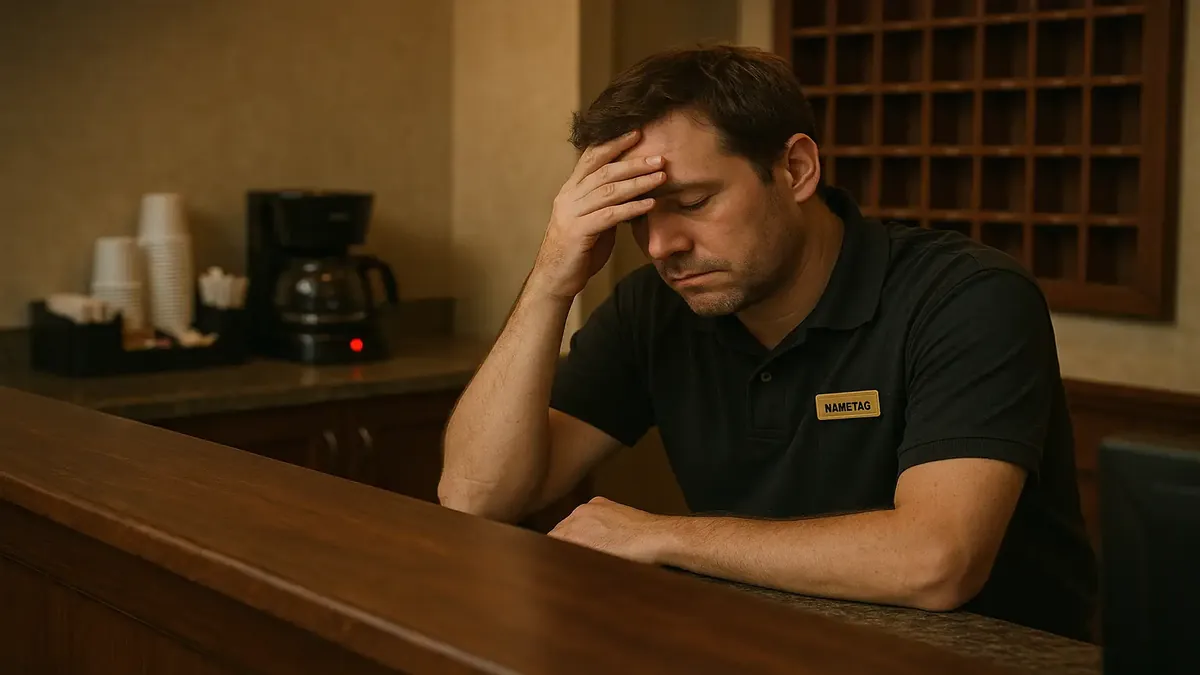 Coworkers at a hotel front desk, one busy with tasks while the other appears idle and unproductive.