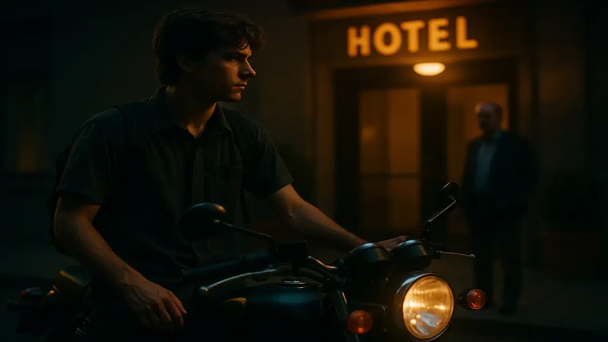 A cinematic shot of a student proudly standing next to their motorcycle outside a boutique hotel.