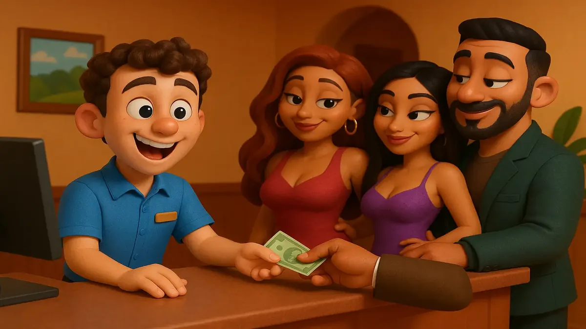 Cartoon 3D depiction of a hotel lobby scene with two men and two women interacting at the front desk.