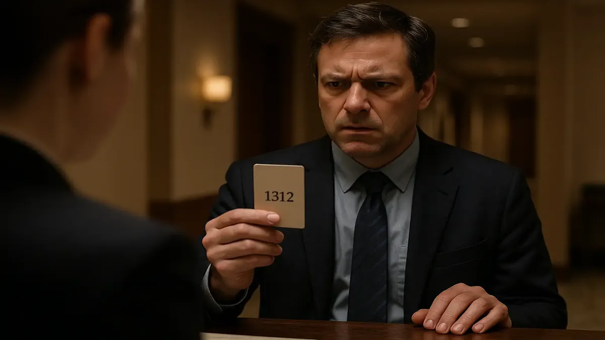 Guest confused over room number 1312, believing the number 13 doesn't exist at a hotel reception.