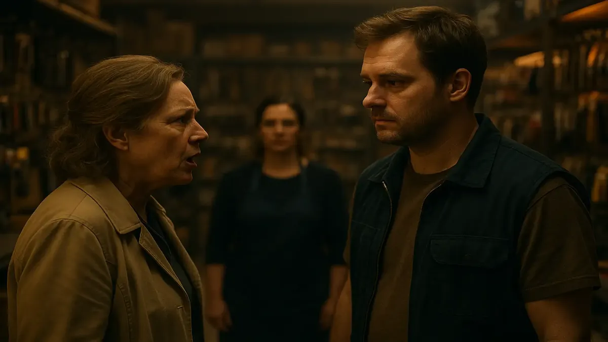 Woman expressing frustration in a shop, seeking to speak with a male employee amidst a female staff environment.