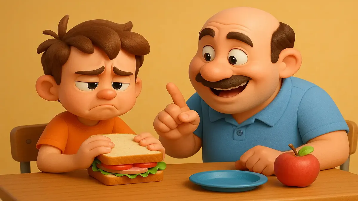 Cartoon 3D illustration of a young student hesitating over an unappetizing sandwich at lunch.